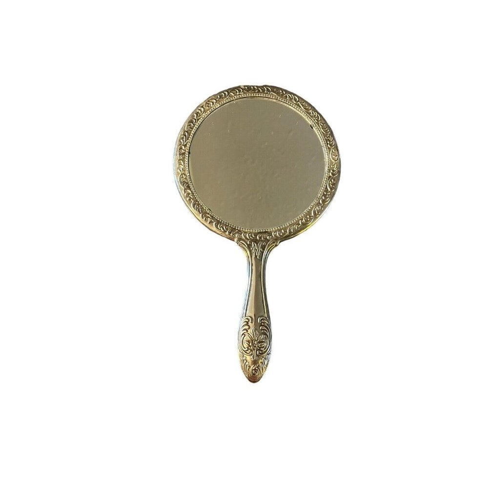 Vintage Antique Silver Plate Rose Pattern Vanity Hand Mirror Victorian